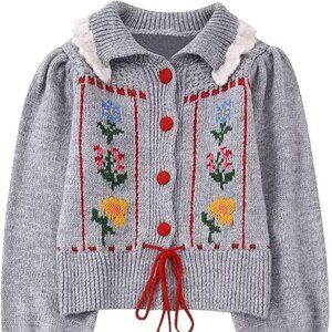 Red-Grey Buttoned Pull Tie Collared Cardigan Sweater One Size